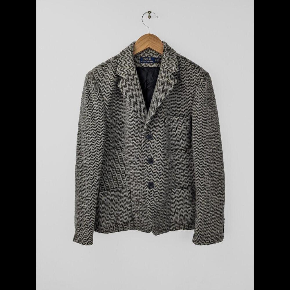 POLO RALPH LAUREN Women’s Sz 12 Herringbone Tweed Blazer Jacket Patch Pockets